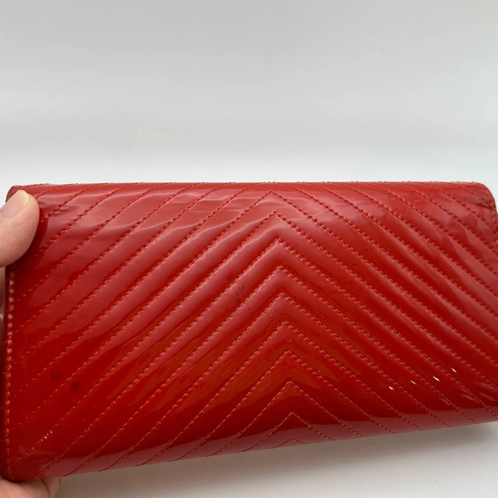 Chanel Long Wallet with COA , CC Logo, Chevron Paten Leather, Dust Bag & Box Red